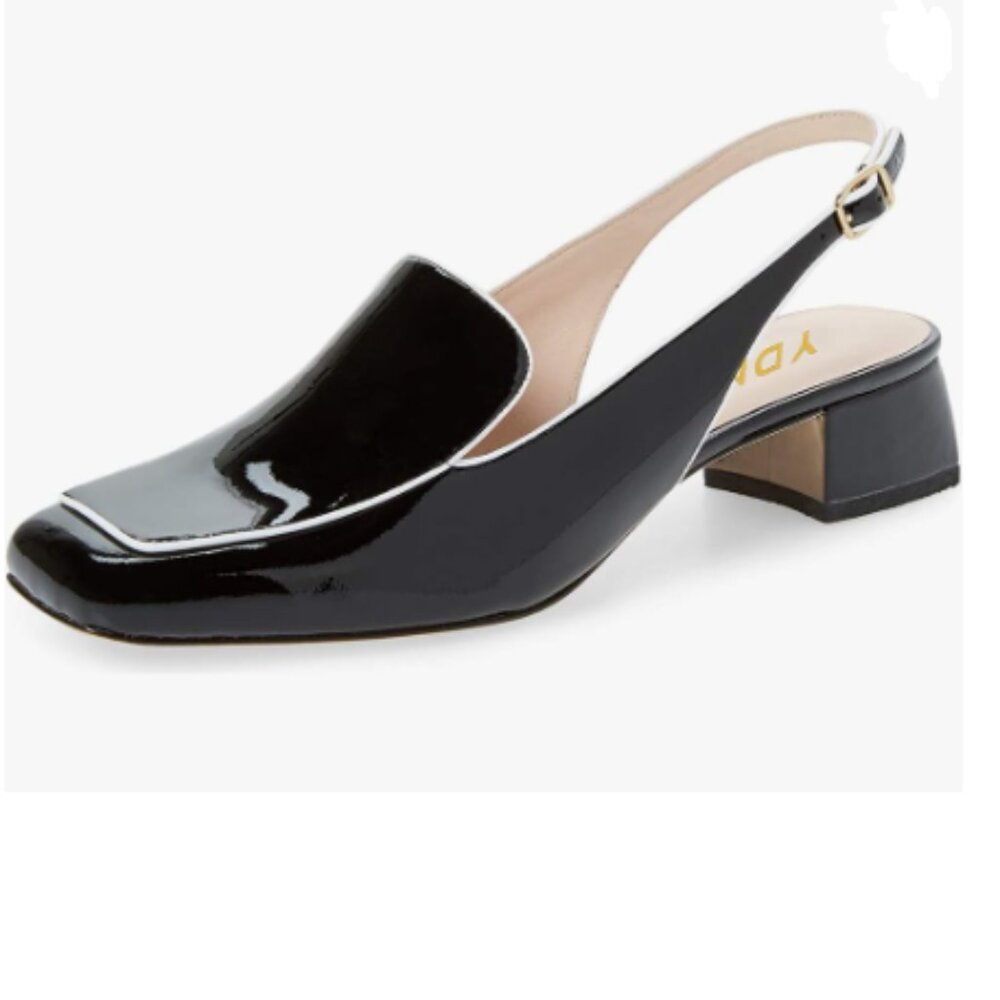 YDN Black Square Toe Block Low Heels Slingback Formal Loafer Dressy Shoes